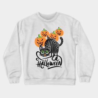 Halloween creepy cute black cat and pumpkins Crewneck Sweatshirt